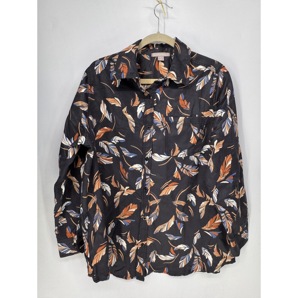 Woman Within Shirt Women 14/16 Black Feather Print NWT Long Sleeve Pocket
